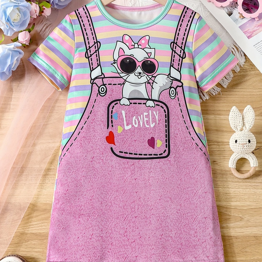 Vestido de Rayas con Estampado de Gatos y Tirantes Luxeira