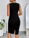 Vestido sin Mangas de Bloques de Color con Cuello Redondo y Abertura en el Dobladillo Luxeira