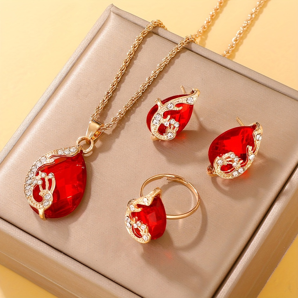 Set de 4 Piezas de Joyería: Lujoso Collar con Colgante de Gota de Vidrio y Pedrería, Juego de Pendientes y Anillo