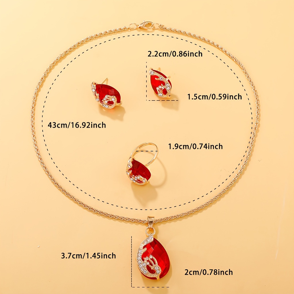 Set de 4 Piezas de Joyería: Lujoso Collar con Colgante de Gota de Vidrio y Pedrería, Juego de Pendientes y Anillo