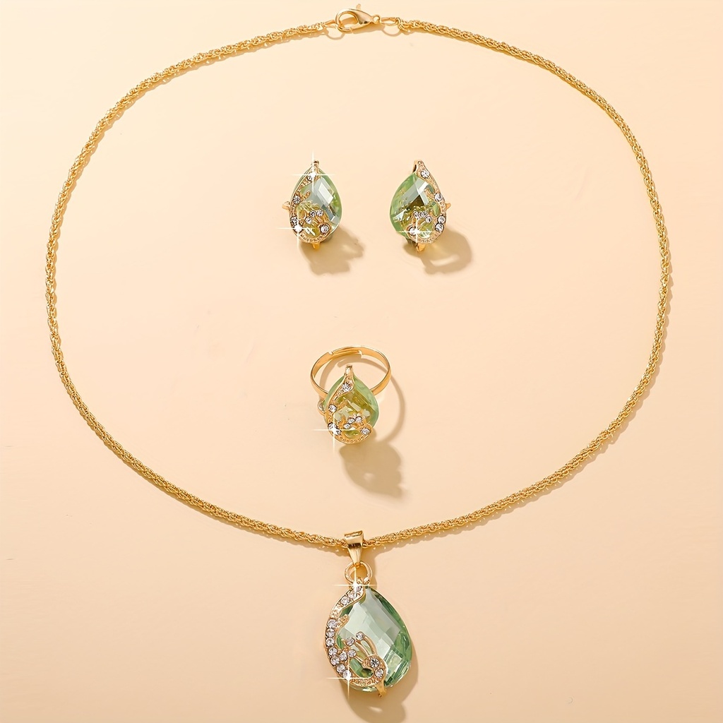 Set de 4 Piezas de Joyería: Lujoso Collar con Colgante de Gota de Vidrio y Pedrería, Juego de Pendientes y Anillo