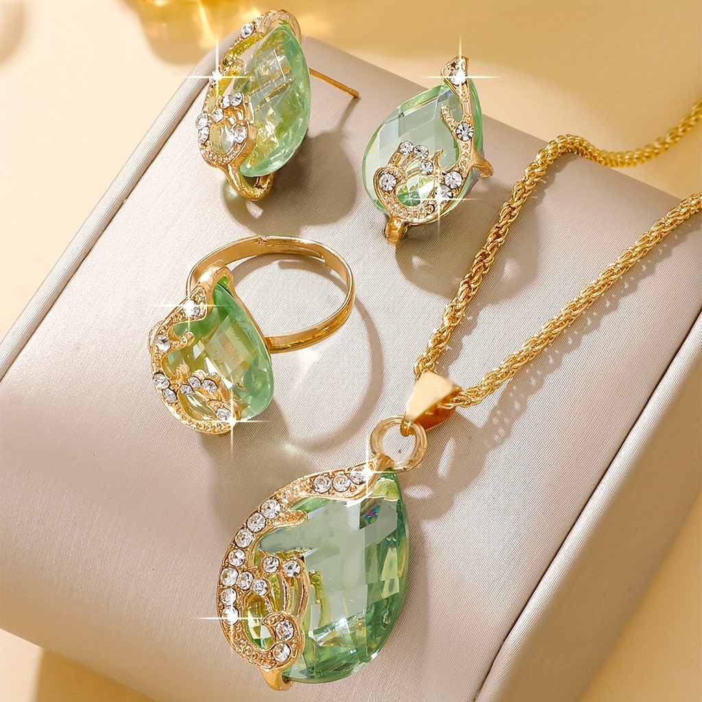 Set de 4 Piezas de Joyería: Lujoso Collar con Colgante de Gota de Vidrio y Pedrería, Juego de Pendientes y Anillo