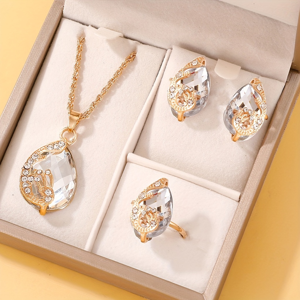 Set de 4 Piezas de Joyería: Lujoso Collar con Colgante de Gota de Vidrio y Pedrería, Juego de Pendientes y Anillo