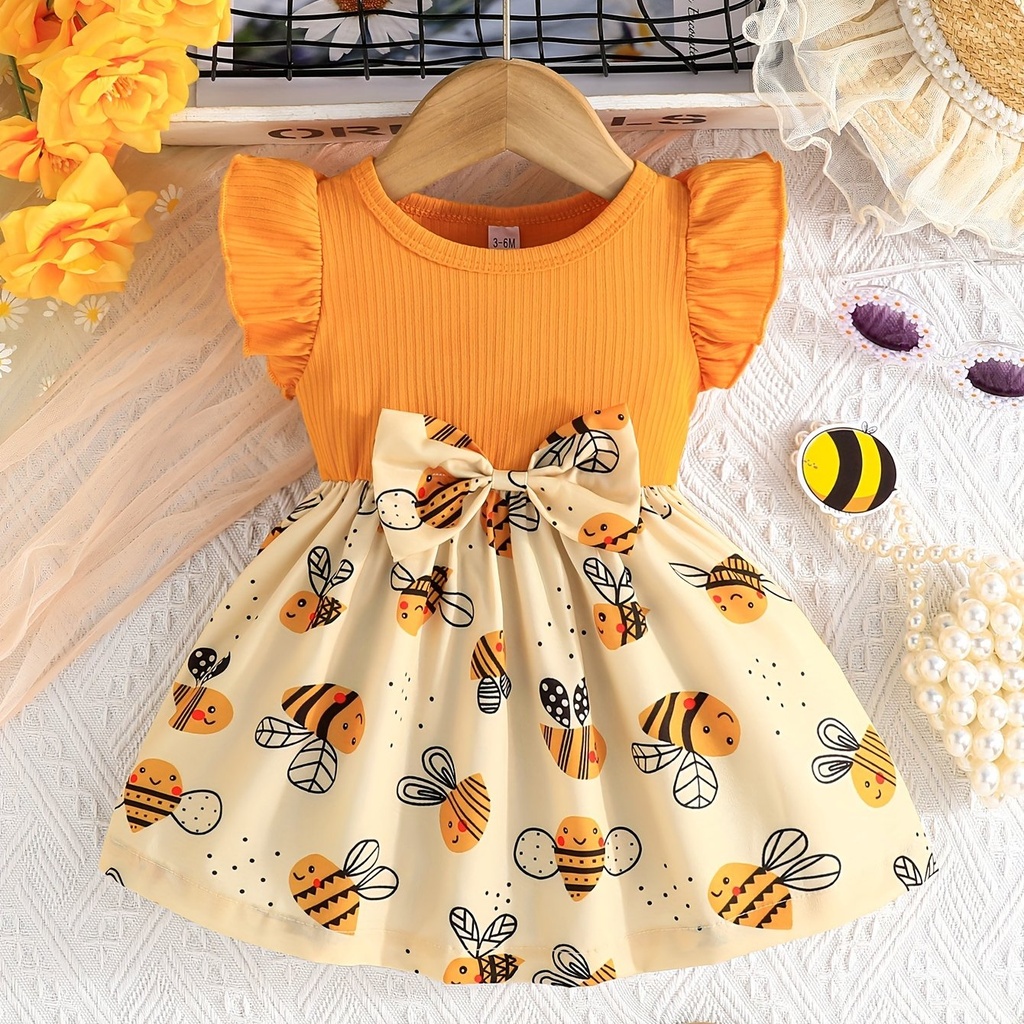 Vestido de Manga Corta con Estampado de Abeja y Lazo Luxeira