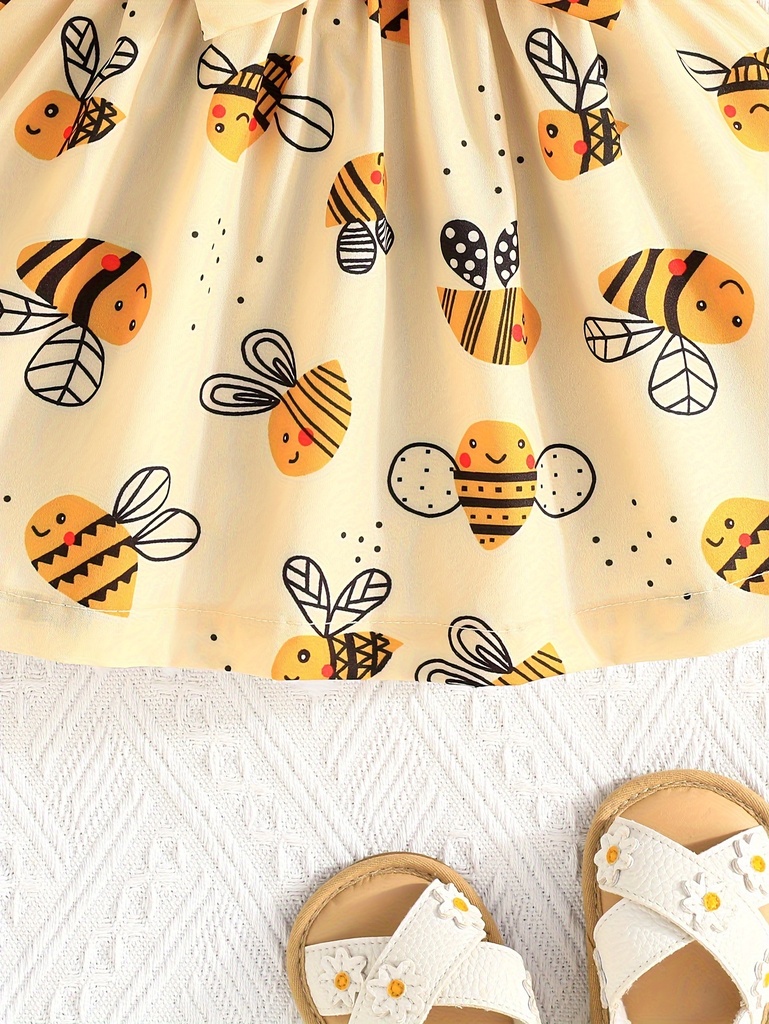 Vestido de Manga Corta con Estampado de Abeja y Lazo Luxeira