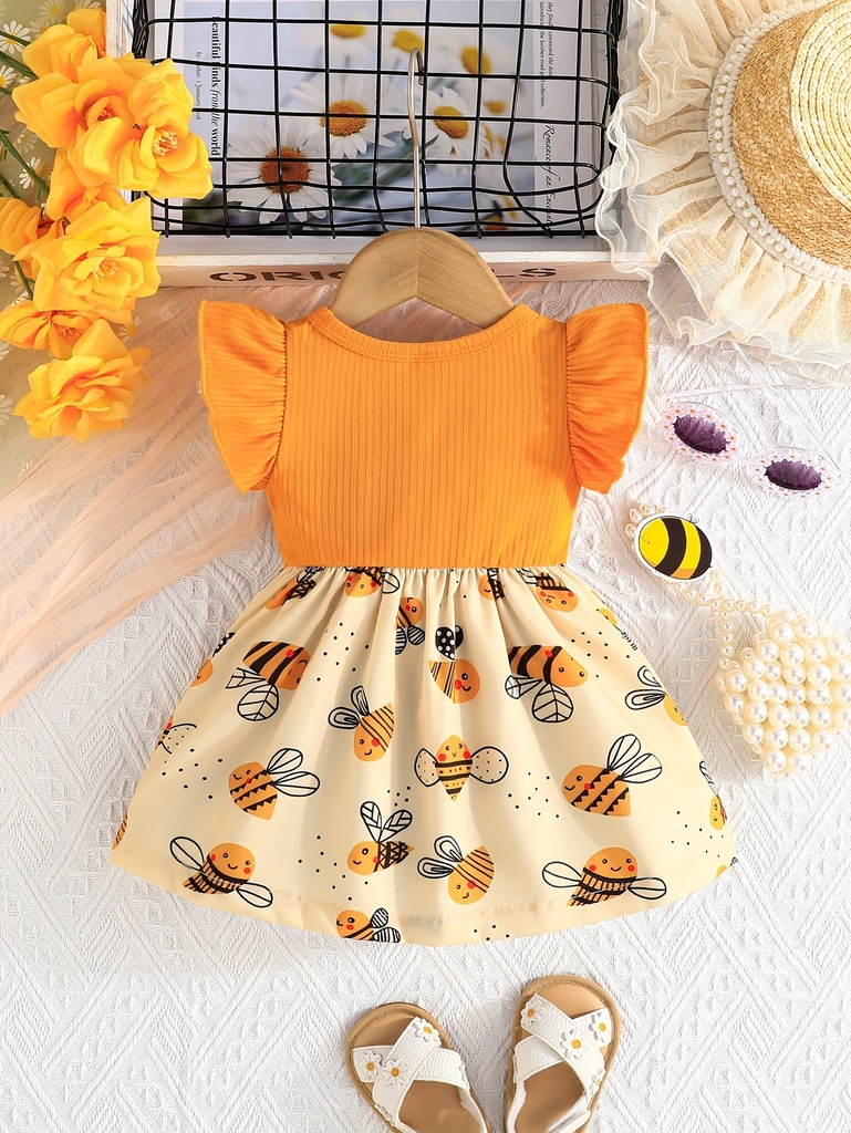 Vestido de Manga Corta con Estampado de Abeja y Lazo Luxeira