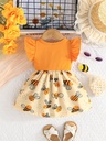 Vestido de Manga Corta con Estampado de Abeja y Lazo Luxeira