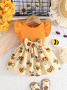 Vestido de Manga Corta con Estampado de Abeja y Lazo Luxeira