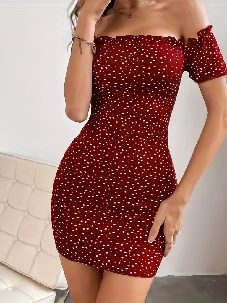 Vestido de Hombro Descubierto con Estampado de Corazones Luxeira