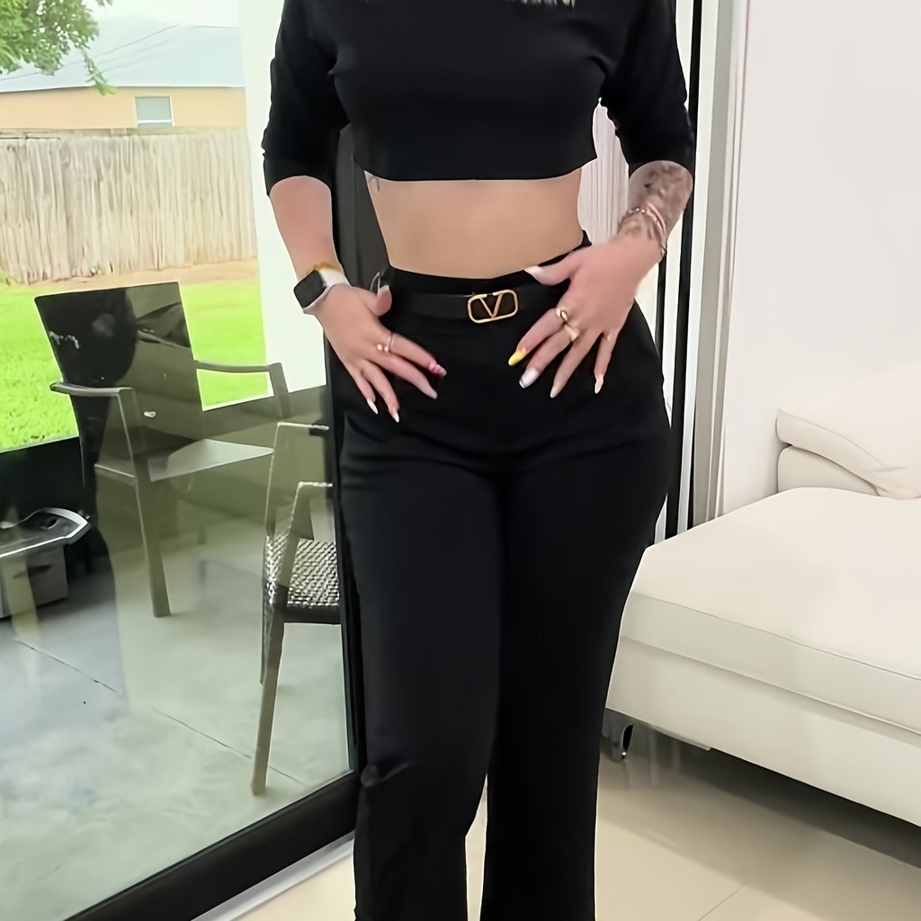 Conjunto de Top Elegante Cropped y Pantalones de Pierna Ancha de Cintura Alta Luxeira