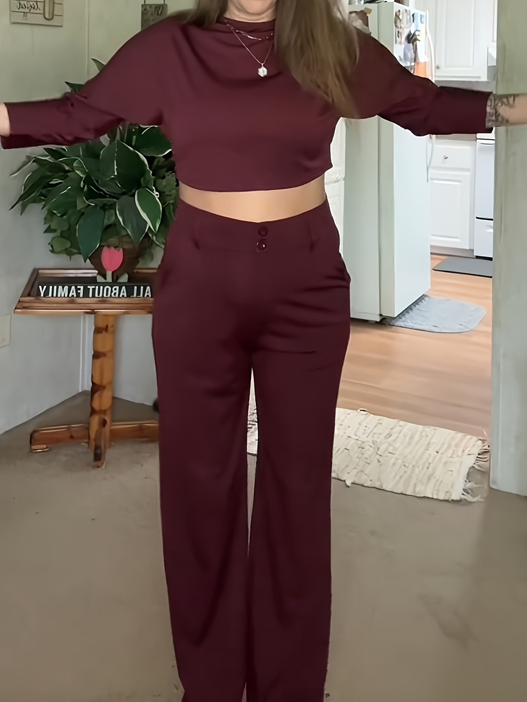 Conjunto de Top Elegante Cropped y Pantalones de Pierna Ancha de Cintura Alta Luxeira
