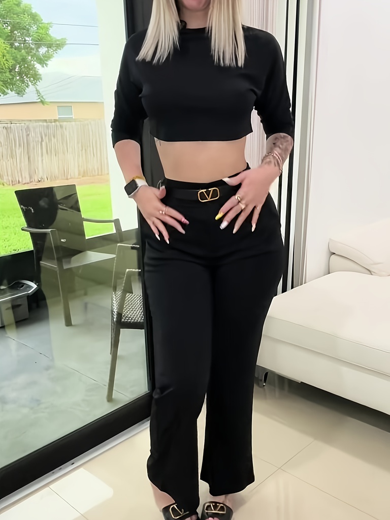 Conjunto de Top Elegante Cropped y Pantalones de Pierna Ancha de Cintura Alta Luxeira