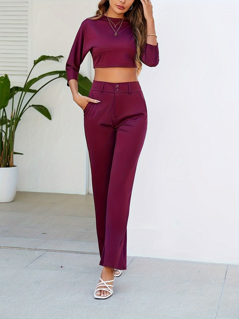 Conjunto de Dos Piezas: Top 3 / 4 con Botones y Pantalones Rectos de Cintura Alta Luxeira