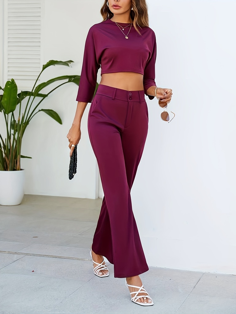 Conjunto de Dos Piezas: Top 3 / 4 con Botones y Pantalones Rectos de Cintura Alta Luxeira