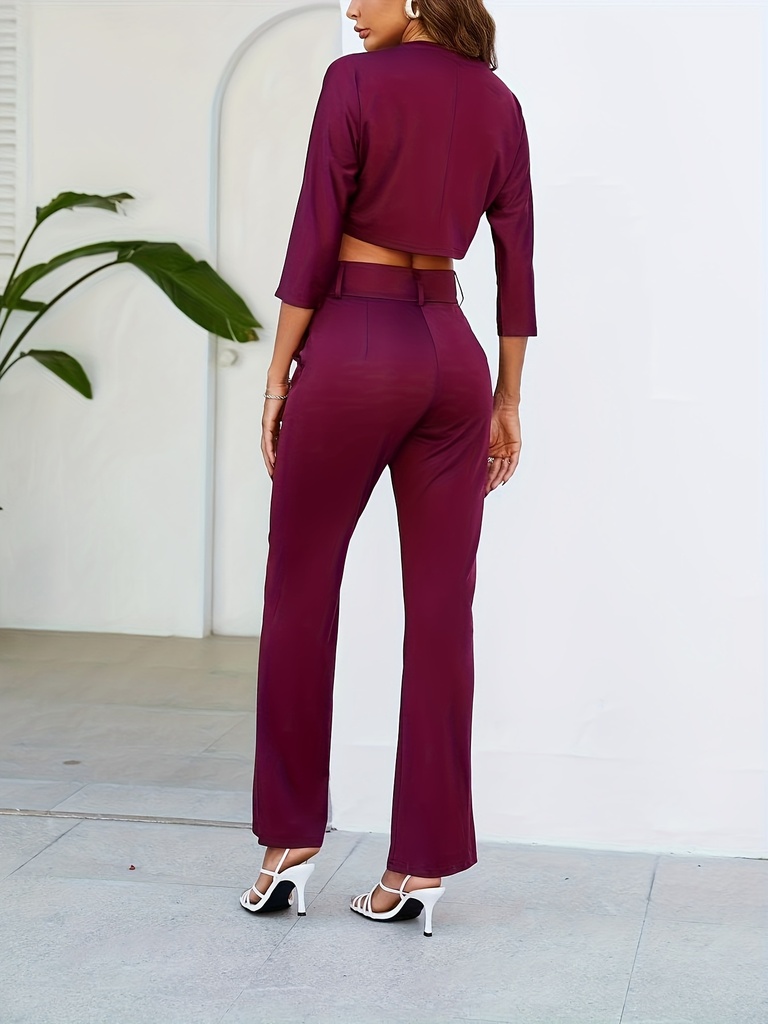 Conjunto de Dos Piezas: Top 3 / 4 con Botones y Pantalones Rectos de Cintura Alta Luxeira