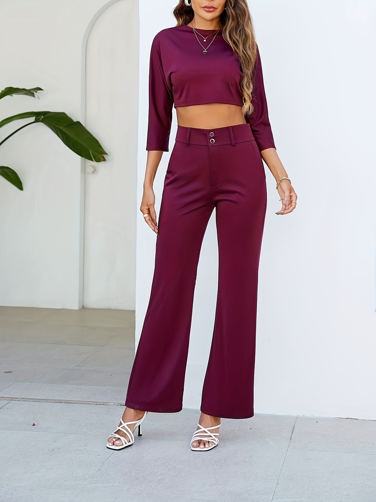 Conjunto de Dos Piezas: Top 3 / 4 con Botones y Pantalones Rectos de Cintura Alta Luxeira