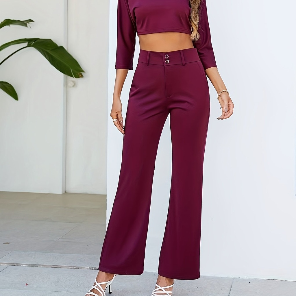 Conjunto de Dos Piezas: Top 3 / 4 con Botones y Pantalones Rectos de Cintura Alta Luxeira