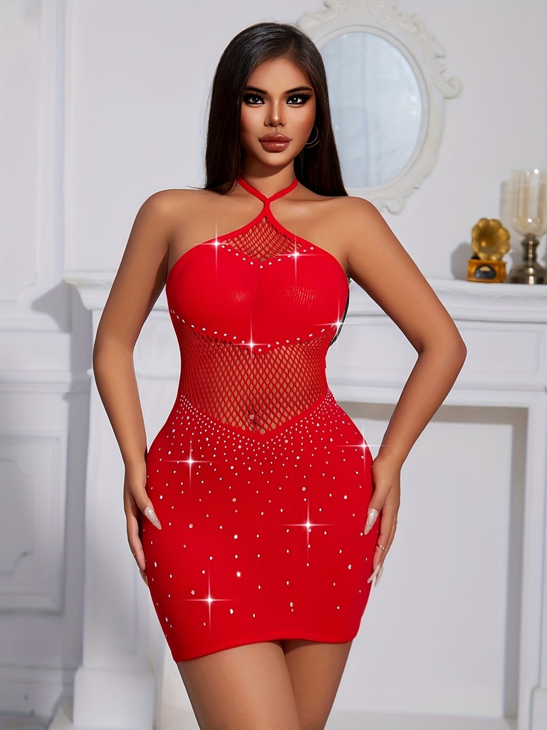 Vestido de Punto Rojo con Cuello Halter y Detalle de Malla Luxeira