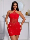 Vestido de Punto Rojo con Cuello Halter y Detalle de Malla Luxeira