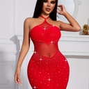 Vestido de Punto Rojo con Cuello Halter y Detalle de Malla Luxeira