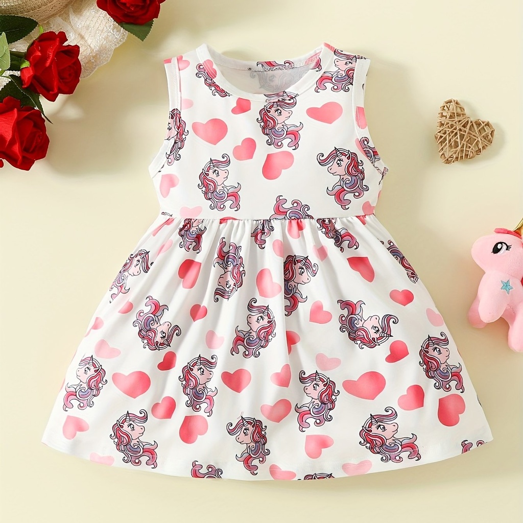 Vestido Sin Mangas con Estampado de Unicornio y Corazones Luxeira