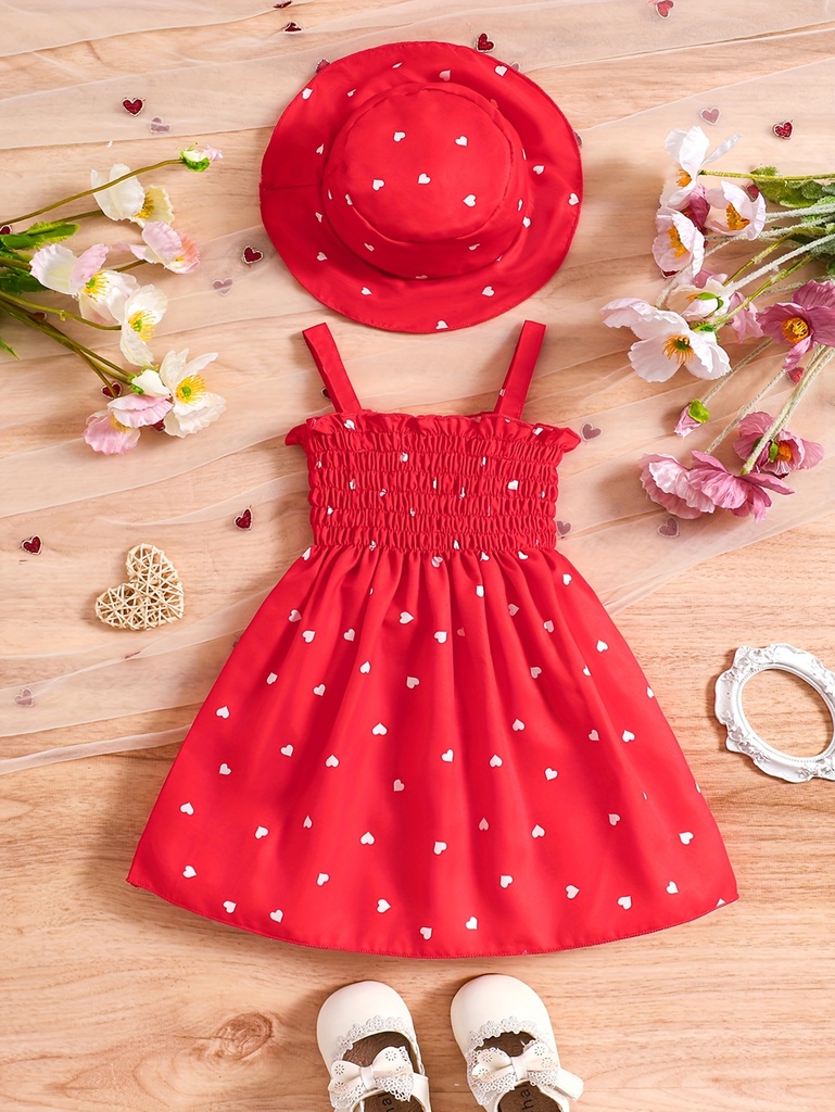 Vestido Sin Mangas Estilo Retro con Estampado de Corazones y Sombrero Luxeira