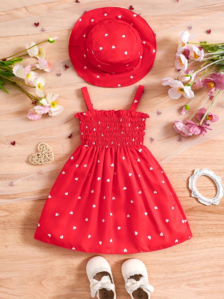 Vestido Sin Mangas Estilo Retro con Estampado de Corazones y Sombrero Luxeira