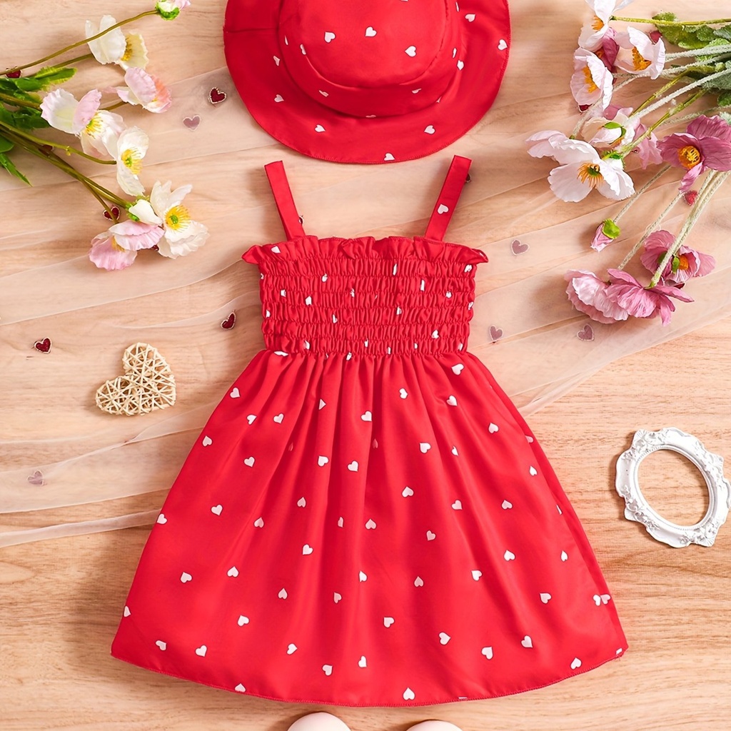 Vestido Sin Mangas Estilo Retro con Estampado de Corazones y Sombrero Luxeira