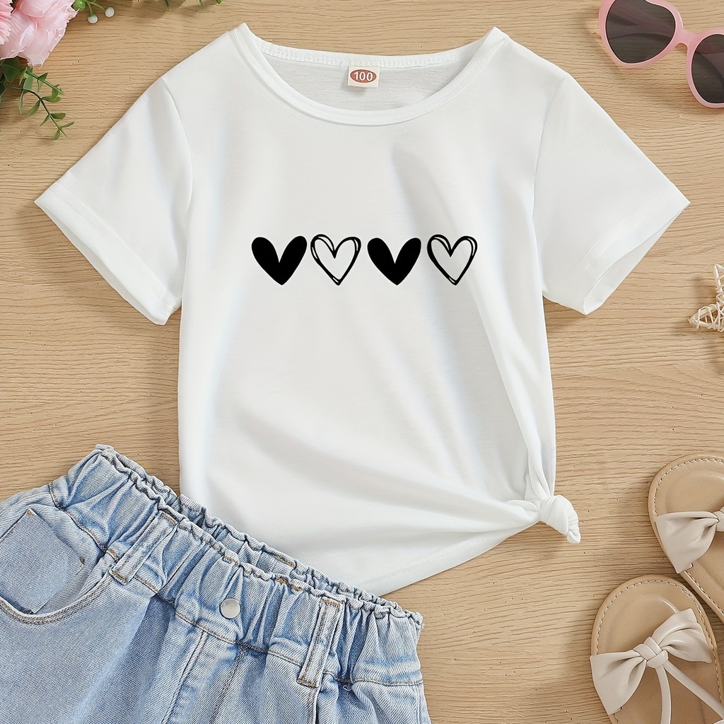 Camiseta con Cuello Redondo y Estampado de Corazones Luxeira