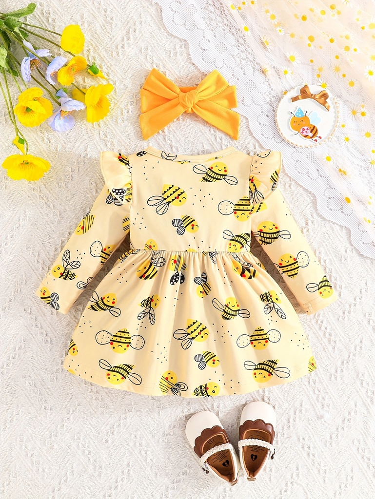 Vestido con Volantes y Estampado de Abeja + Diadema Luxeira