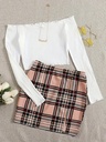 Conjunto de Falda a Cuadros y Top de Manga Larga con Hombros Descubiertos Luxeira