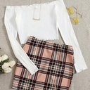 Conjunto de Falda a Cuadros y Top de Manga Larga con Hombros Descubiertos Luxeira