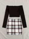Conjunto de Falda a Cuadros y Top de Manga Larga con Hombros Descubiertos Luxeira