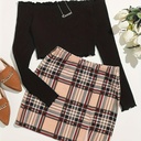 Conjunto de Falda a Cuadros y Top de Manga Larga con Hombros Descubiertos Luxeira