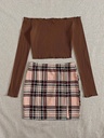 Conjunto de Falda a Cuadros y Top de Manga Larga con Hombros Descubiertos Luxeira