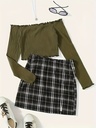 Conjunto de Falda a Cuadros y Top de Manga Larga con Hombros Descubiertos Luxeira