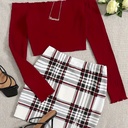 Conjunto de Falda a Cuadros y Top de Manga Larga con Hombros Descubiertos Luxeira