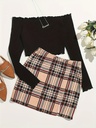 Conjunto de Falda a Cuadros y Top de Manga Larga con Hombros Descubiertos Luxeira