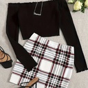 Conjunto de Falda a Cuadros y Top de Manga Larga con Hombros Descubiertos Luxeira