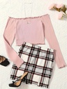 Conjunto de Falda a Cuadros y Top de Manga Larga con Hombros Descubiertos Luxeira