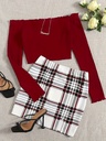 Conjunto de Falda a Cuadros y Top de Manga Larga con Hombros Descubiertos Luxeira