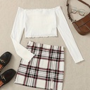 Conjunto de Falda a Cuadros y Top de Manga Larga con Hombros Descubiertos Luxeira