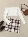 Conjunto de Falda a Cuadros y Top de Manga Larga con Hombros Descubiertos Luxeira