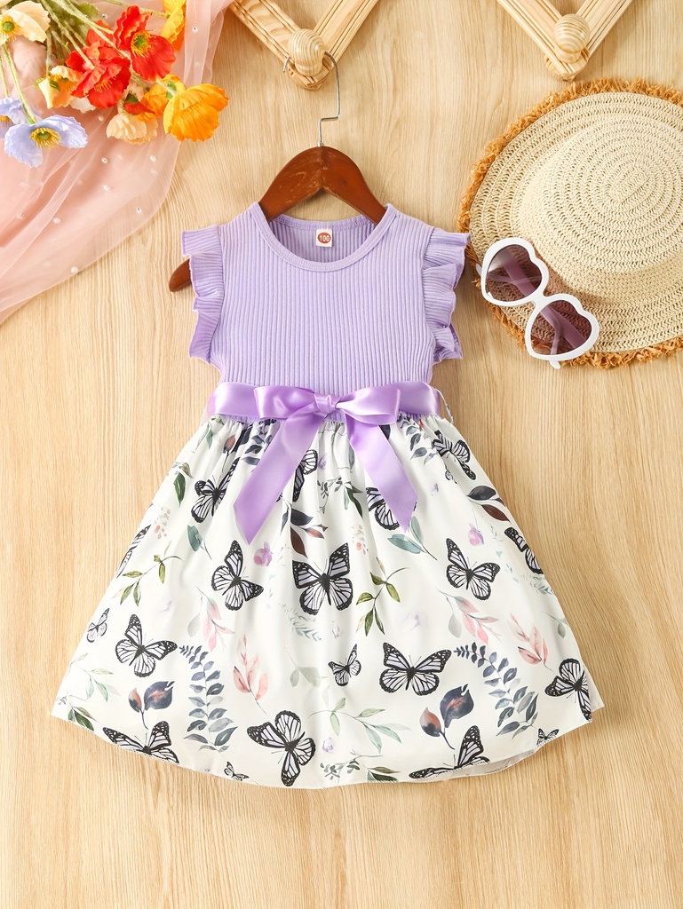 Vestido de Manga Corta con Estampado de Mariposa y Cinturón Luxeira