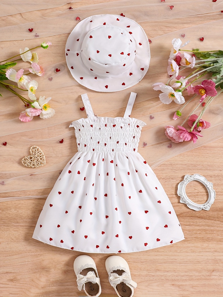 Vestido Sin Mangas Estilo Retro con Estampado de Corazones y Sombrero Luxeira