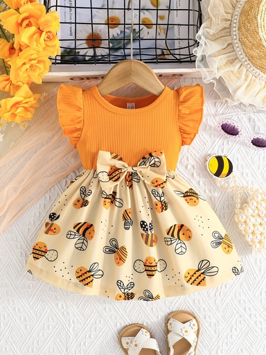 Vestido de Manga Corta con Estampado de Abeja y Lazo Luxeira