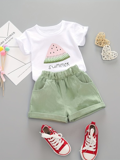 Conjunto de Camiseta y Short con Estampado de Letras y Sandía Luxeira