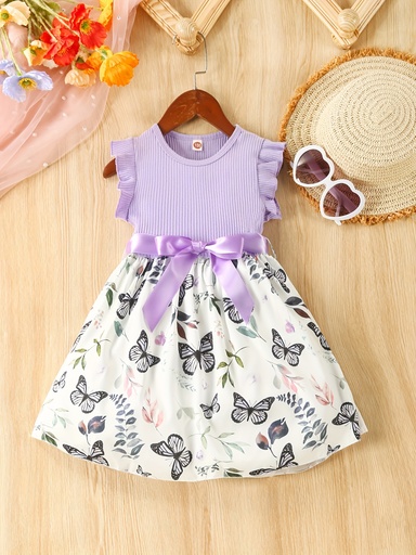Vestido de Manga Corta con Estampado de Mariposa y Cinturón Luxeira