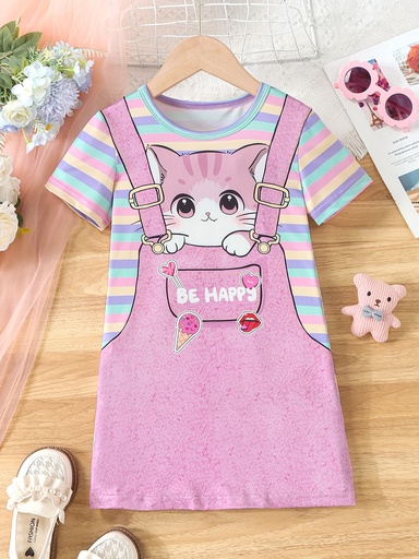 Vestido de Rayas con Estampado de Gatos Luxeira