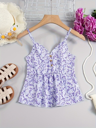 Top sin Mangas con Cuello en V y Estampado Floral Luxeira